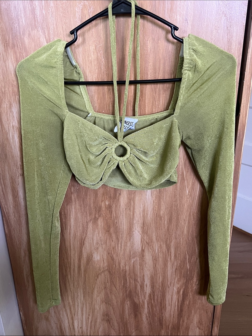 Princess Polly Cropped Olive Green Long Sleeve Tie-Neck Top
